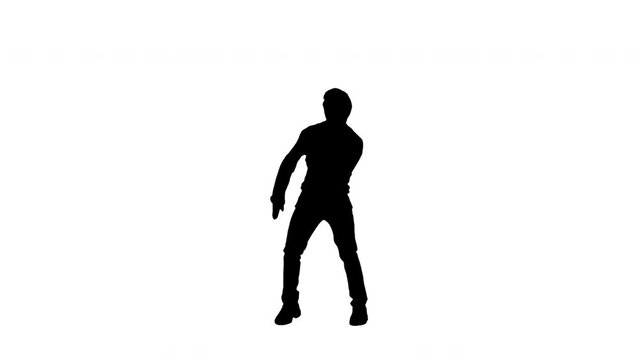 Silhouette man singer. Singing song and dancing on white background. Alpha matte isolated.