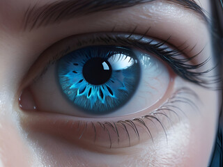 Fototapeta premium Close up view of beautiful female eye with blue iris. Macro shot