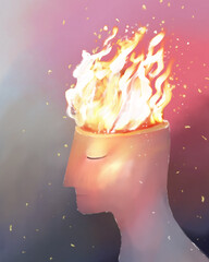 hand drawn illustration of a person with a burning head. - 747735117