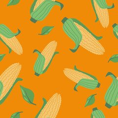 Corn vegetable with basil leaves seamless pattern