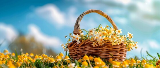 Fototapeta na wymiar Basket of yellow flowers and snowdrops on a blue spring background