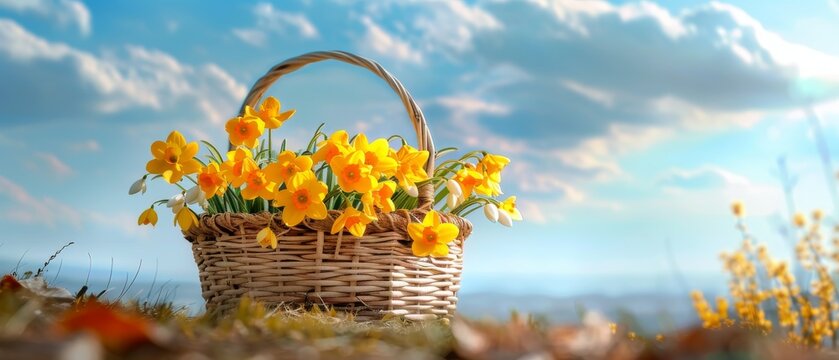 Basket of yellow flowers and snowdrops on a blue spring background
