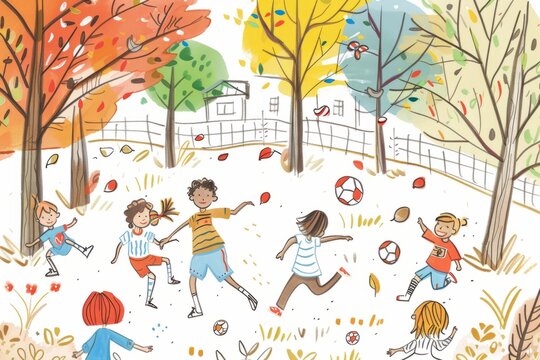 Cartoon cute doodles of children playing soccer and scoring goals in the neighborhood park, Generative AI