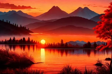 Tuinposter sunset over the lake © Syed