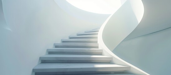 The image shows a set of stairs ascending towards a round window, highlighting the architectural design of the staircase leading to a unique window shape.