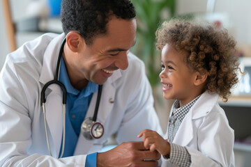 doctor with little boy kid smiling bokeh style background - obrazy, fototapety, plakaty
