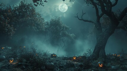 Mystical Halloween night adorned with carved pumpkins and a full moon