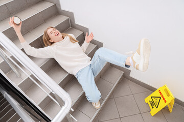 Young woman fell down on wet steps in stairway. Trauma concept