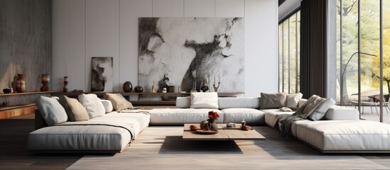 A modern and stylish living room featuring a large gray couch dominating the space, with a striking painting hanging on one of the walls.