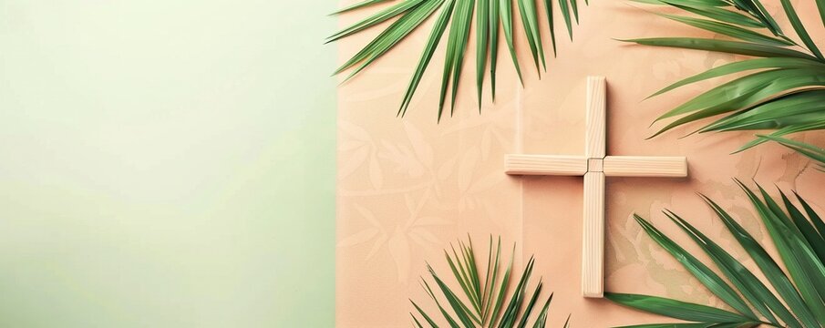 Palm cross and palm leaves. Palm sunday and easter day concept.