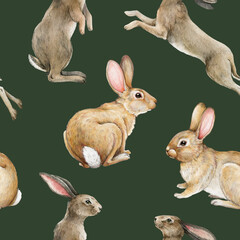 Cute vintage style painted bunny seamless pattern. Watercolor illustration. Hand drawn rabbits on dark green background. Funny small bunnies Easter decoration seamless pattern