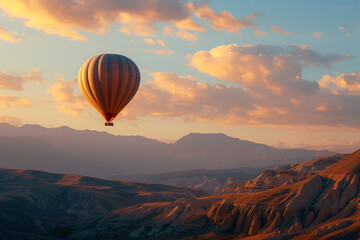 Hot air balloon flying over the mountain view
