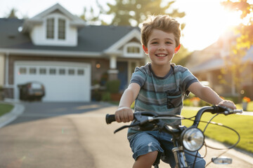 Fototapeta na wymiar young boy kid riding a bicycle bokeh style background