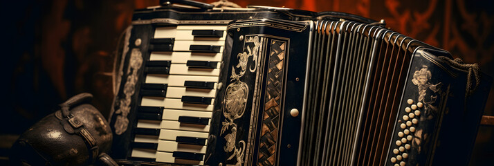 Preserving Melody: An Up-Close View of Vintage Accordion Instrument, With Hands Poised to Play - obrazy, fototapety, plakaty