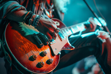 male guitarist playing electric guitar in the concert bokeh style background