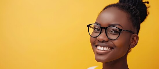 A young African woman wearing glasses smiles and looks at a blank space, exuding confidence and positivity. The photo is taken against a vibrant yellow background.