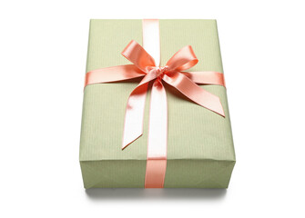 Green gift box with pink bow on white background. International Women's Day