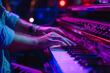 male keyboard player playing the keyboard in the concert bokeh style background