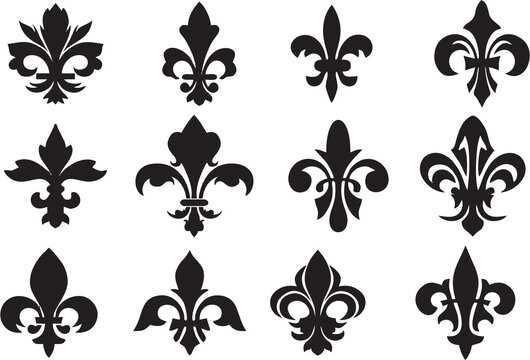 Fleur-de-lis vector icons like lily flowers. Royal french heraldry design elements for coat of arms, emblem or medieval design with black fleur-de-lis symbols in high HD resolution, white background.