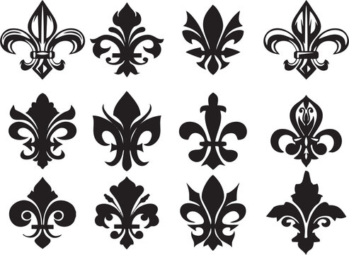 Fleur-de-lis vector icons like lily flowers. Royal french heraldry design elements for coat of arms, emblem or medieval design with black fleur-de-lis symbols in high HD resolution, white background.
