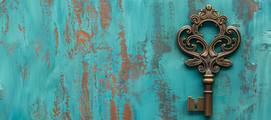 Antique bronze skeleton key on distressed turquoise wooden background, concept of mystery or security with a vintage feel