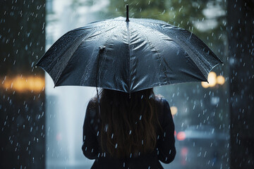 Businesswoman holding an umbrella in the rain bokeh style background