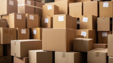 Fototapeta premium Cardboard boxes stacked in warehouse. The concept of start up, shipping, and dropship in online business.
