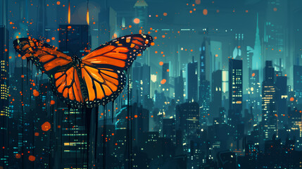A vibrant monarch butterfly contrasted against a neon-lit cityscape in a beautiful fusion of nature...