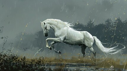 Obraz na płótnie Canvas A white horse on a meadow in the rain