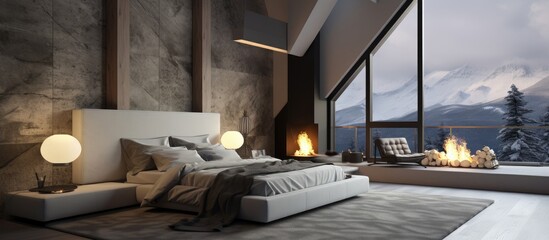 A modern bedroom with a stylish fireplace and a large window letting in natural light. The room is well-furnished and cozy, with a warm ambiance provided by the fireplace.