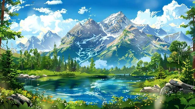 Magical Nature: Fantasy Landscapes with Mountains, Rivers, Trees, Birds and Butterflies. Seamless looping 4k time-lapse video animation background
