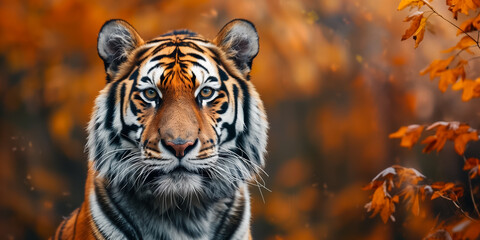 Fototapeta premium Majestic Bengal tiger portrait with intense gaze among autumn leaves, showcasing wildlife and natural beauty in a tranquil forest setting