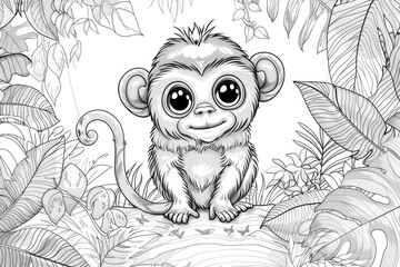 Black and white illustration for coloring animals, monkey.