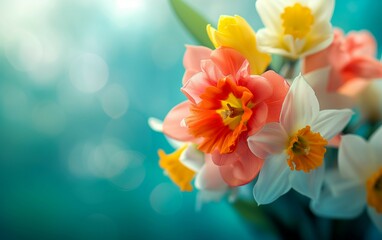 Obraz na płótnie Canvas a cheerful card,International Women's Day,Mom's Day, macro,spring flower,tulip,daffodil,ribbon