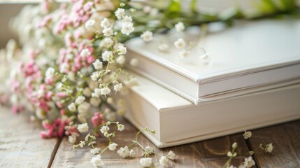 Wedding photo album with flower on a wooden background