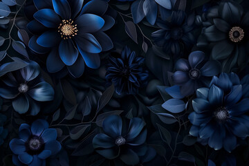 Elegant dark floral wallpaper featuring a seamless pattern of blue and black flowers and leaves, perfect for luxury design backgrounds or sophisticated event invitations