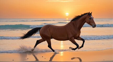A brown horse is running on the beach against an orange sky