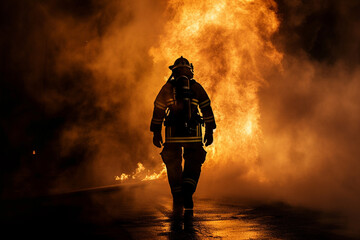 Naklejka premium Back view of a firefighter in front of a fire