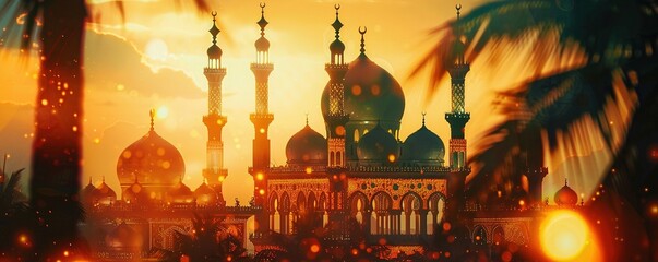 An ornate eid celebration with intricate mosques silhouette inside a glowing lantern backdrop - obrazy, fototapety, plakaty
