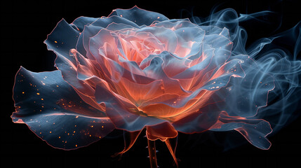 An X-ray of a rose in Ethereal and surreal juxtapositions, color split, in the style of Orton effect