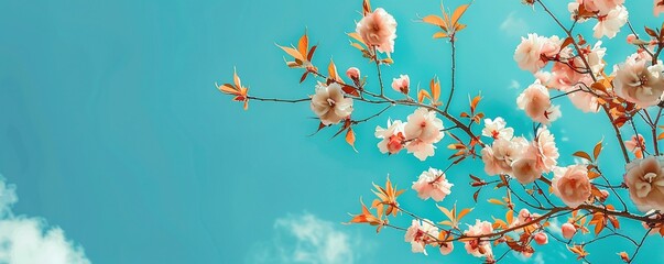 Blossoming tree branch on blue sky background. Spring equinox concept - obrazy, fototapety, plakaty