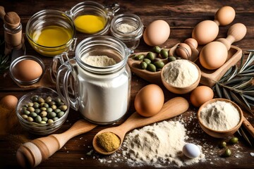 Mug flour, eggs, rolling pin, olive oil in a jar on a wooden background