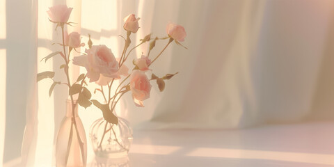 Delicate pastel roses in a transparent vase with a soft, dreamy sunlight background, perfect for themes of romance or Mother's Day