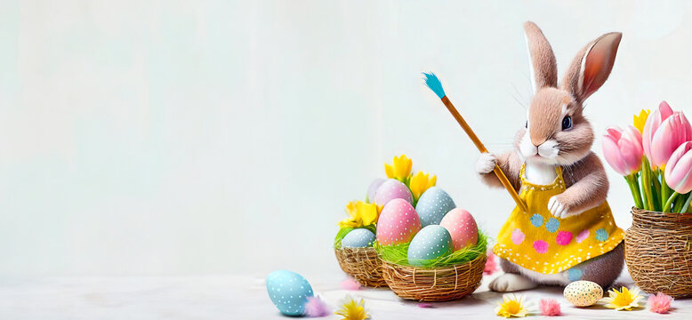 Front view of cute Easter bunny with paintbrush who decorates easter eggs on white background. Copy space. Happy Easter banner with adorable rabbit and eggs. Easter concept