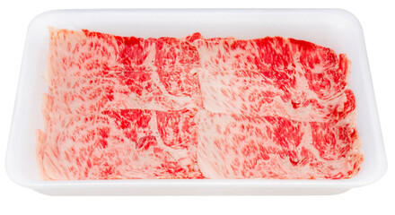 Close up Red beef, Slices Wagyu beef with marbled texture in packaging isolate on white PNG File.