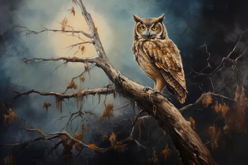 A painting of a owl on a branch with a full moon in the background - obrazy, fototapety, plakaty