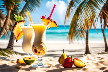 Pina Colada cocktail with fruits on the beach while on vacation - obrazy, fototapety, plakaty
