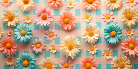 Fototapeta na wymiar Vibrant paper daisies arranged on a pastel checkered background, ideal for springtime concepts, crafts, or Easter celebrations