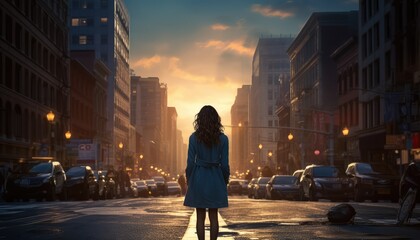 A woman standing in the middle of a city street - obrazy, fototapety, plakaty