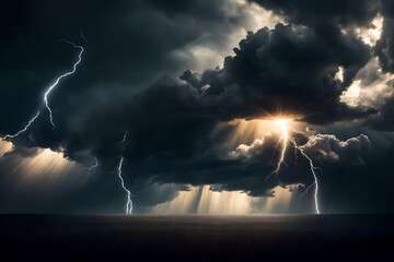 Dramatic background with black copyspace. Dark sky, sunlight from above, lightning